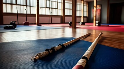 A dynamic martial arts dojo with martial arts weapons and training mats, Dojo equipment and sparring gear set up for disciplined training, Classic photo of
