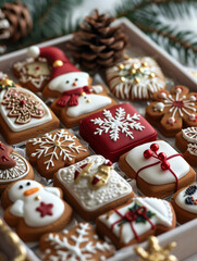 Beautifully decorated Christmas cookie box with various designs and patterns. Cookies are decorated with intricate icing in gold, red and white. Illustration of treats for New Year celebration.