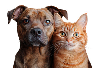 Close up portrait of a dog and a cat standing together and looking at camera isolated on a cutout PNG transparent background