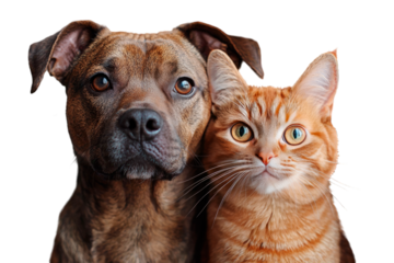 Close up portrait of a dog and a cat standing together and looking at camera isolated on a cutout PNG transparent background