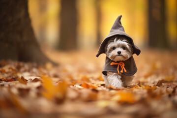 Fototapeta premium The cute dog dressed in a wizard costume, carrying a small pumpkin in its mouth while walking