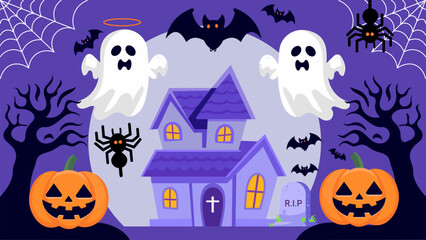 Halloween background with ghost, spider, house and bats. Vector illustration