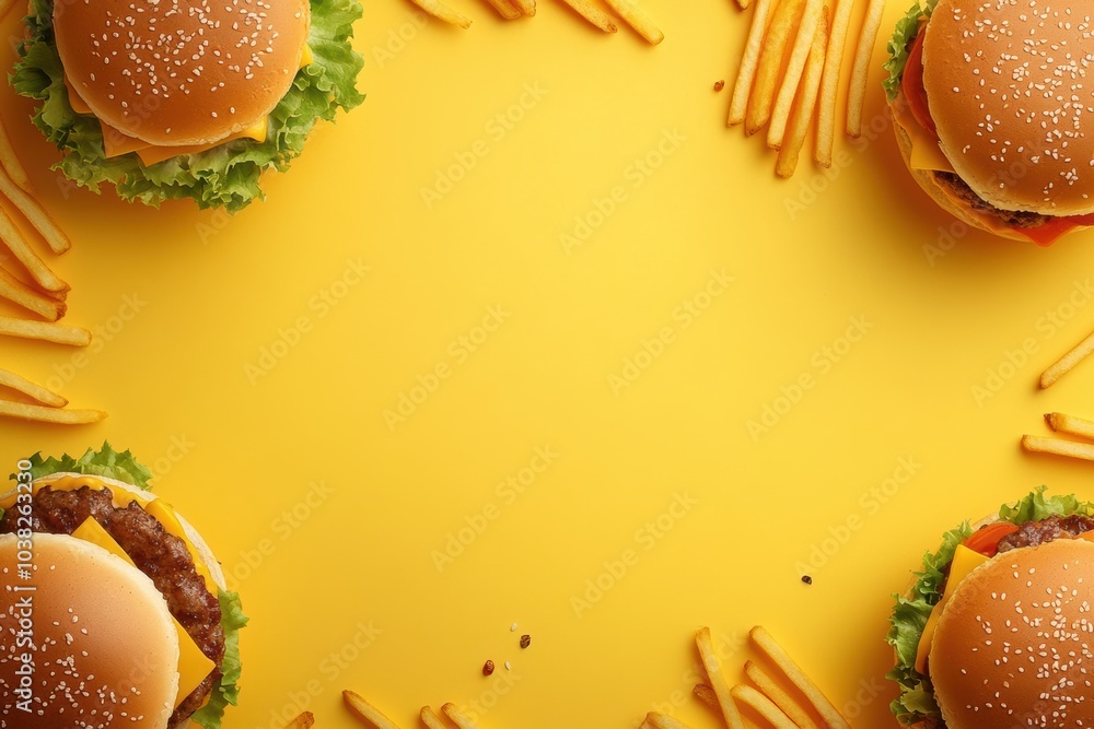 Poster colorful burgers and crispy fries are artfully placed around the edges, providing a playful and invi