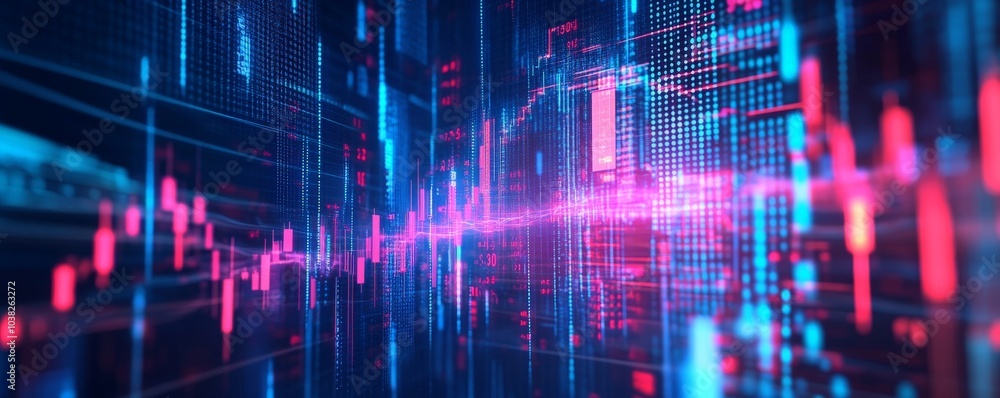 Poster abstract digital data stream with glowing blue and red lines and symbols