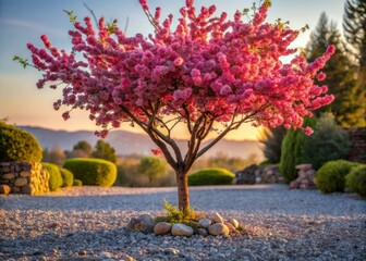 Naklejka premium Young Pink Flowering Ornamental Tree in Spring on a Gravel Hill, Captured in Low Light Photography, Showcasing Nature's Beauty and Serene Atmosphere
