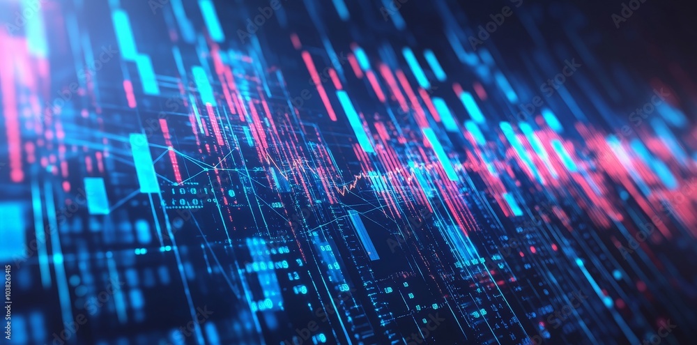 Poster abstract digital data stream with red and blue lines