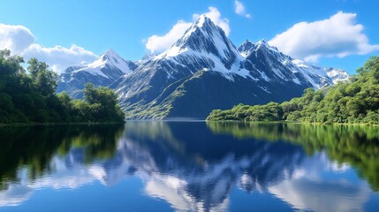A snow-capped mountain range reflected in a still alpine lak