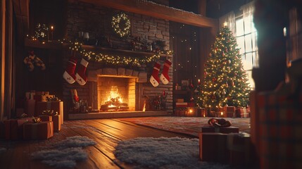 Obraz premium Cozy Holiday Scene with Warm Fireplace and Decor