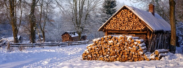 logs of firewood covered with snow. selective focus
