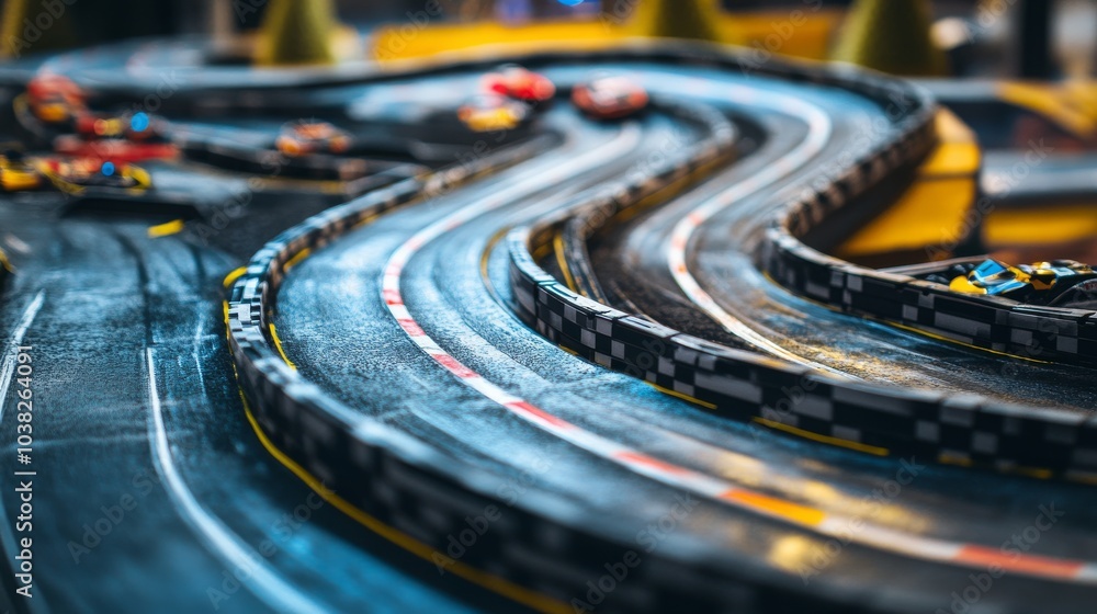 Poster A dynamic radio control car racing track with sharp turns and jumps, RC cars and controllers set up for speed, Natural photo of