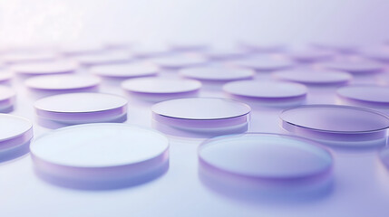 White and purple Petri dishes are arranged in an array on a soft gradient background, with the focus centered on one glowing dish, symbolizing innovation in biotechnology.