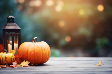 The  glowing pumpkin lantern on a stone bench, surrounded by small decorative gourds and autumn leaves