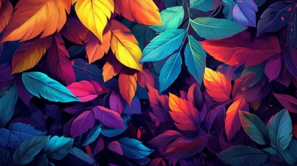 A vibrant abstract of overlapping leaves in shades of red, blue, purple, and yellow.