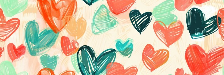 Seamless Pattern of Hearts in Various Sizes and Colors on Soft Pastel Background
