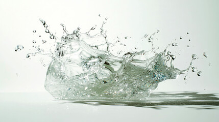 A water splash with droplets in motion against a white background.