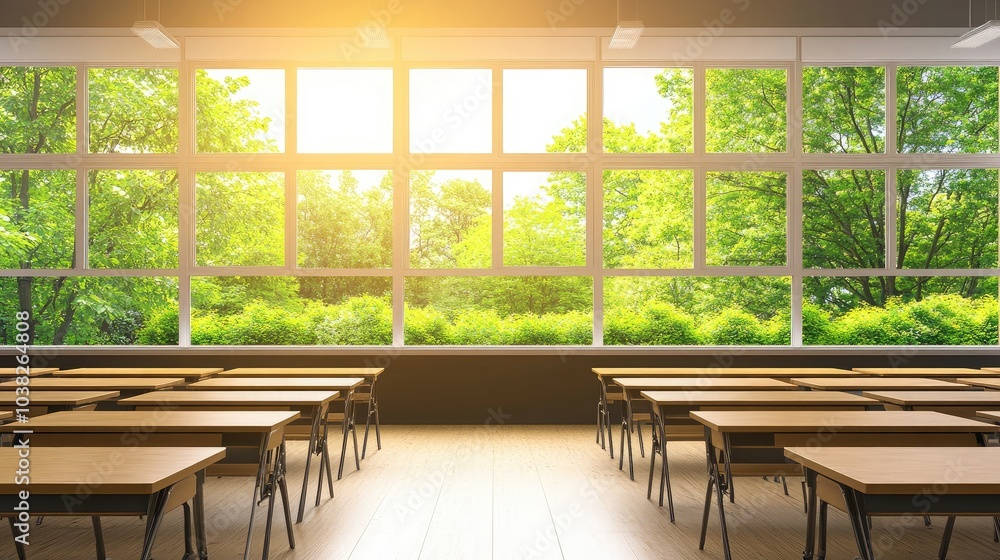 Poster bright classroom with large windows and greenery view