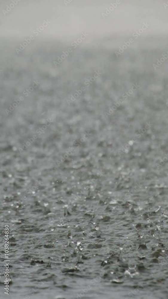 Poster vertical footage abstract shapes, patterns and textures of rainwater falling on the surface of a con