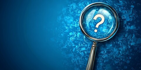 Magnifying Glass with Question Marks on Blue Background, Symbolizing Search and Inquiry Concepts, Vector Illustration for Problem Solving and Investigation