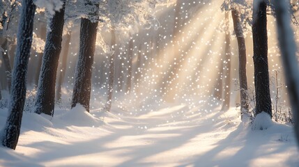 Sunbeams Through Snow-Covered Trees in a Winter Forest
