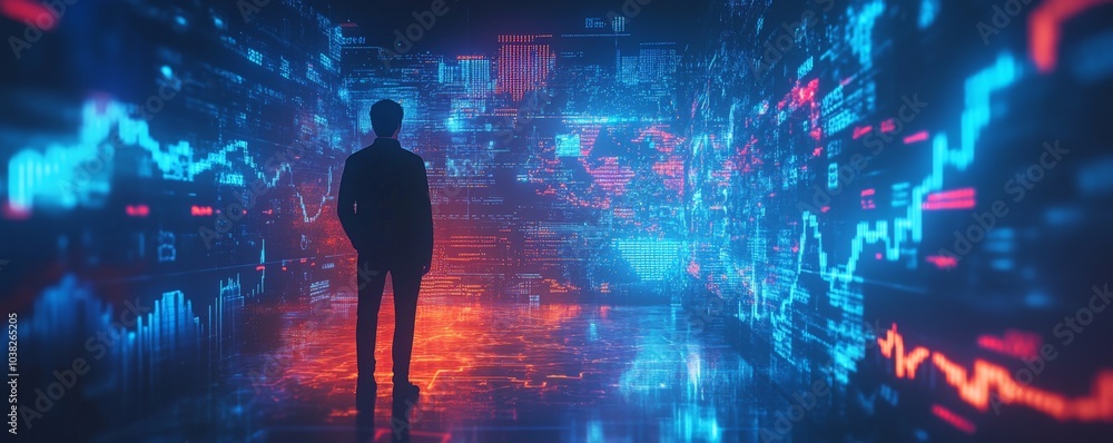 Poster man silhouetted against a wall of binary data and charts
