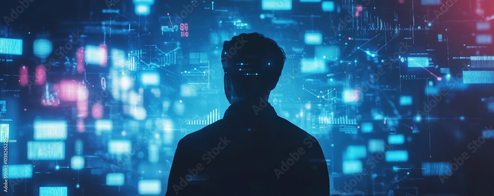 Poster silhouette of a person facing digital data and graphs