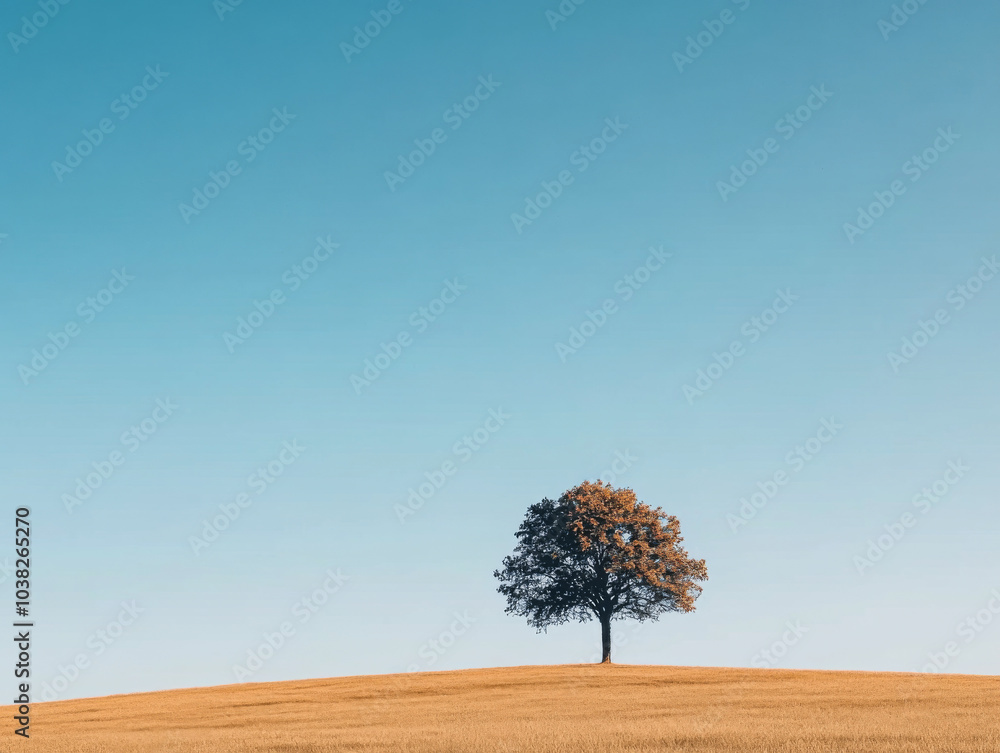 Wall mural a lone tree stands on a grassy hill under a clear blue sky during a sunny day in the countryside