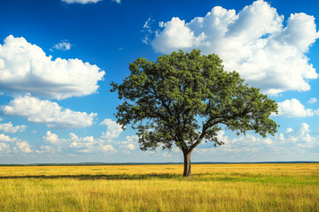 Fototapeta premium A solitary oak tree stands tall in a vast golden field under a bright blue sky with clouds