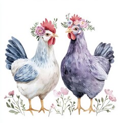 Fototapeta premium Two decorative chickens adorned with flowers standing among blooms in a bright, cheerful setting