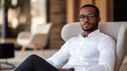 Obraz premium Confident Black Businessman Sitting in Office Chair