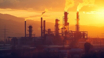 Obraz premium A gas plant during the golden hour, with warm light casting long shadows over the machinery, complemented by the silhouette of distant hills