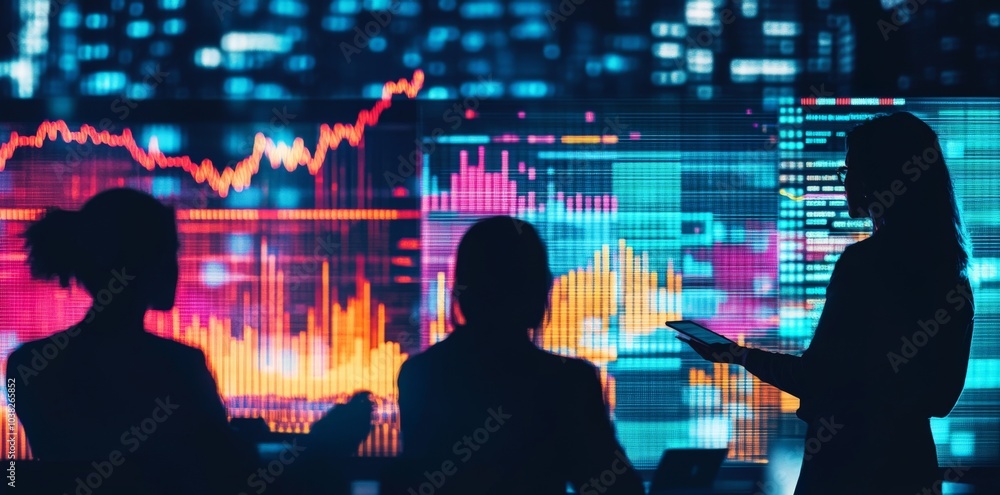 Poster silhouettes of people analyzing data on a large screen with colorful charts and graphs