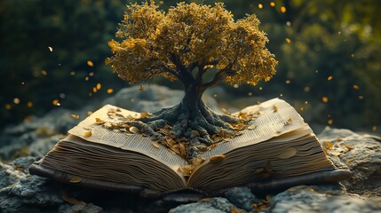 A giant tree sprouting from the center of an open book, with the pages of the book scattered around the tree like fallen leaves