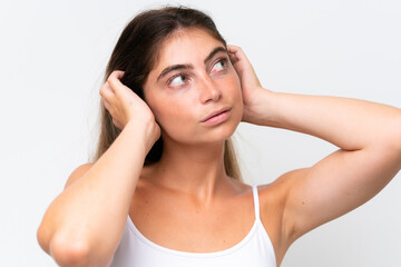 Fototapeta premium Young Pretty caucasian woman isolated on white background . Close up portrait