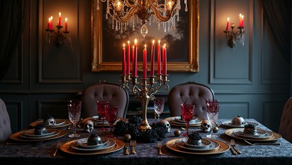 Elegant Halloween dining room with black lace gold details candelabra and gothic decor