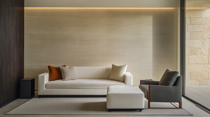 Modern minimalist living room with neutral tones and elegant furniture in a contemporary setting