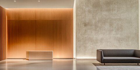 Fototapeta premium Modern interior design featuring a cozy sofa in a softly lit, minimalist space