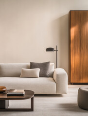 Modern minimalist living room with cozy furniture and warm lighting in a contemporary setting