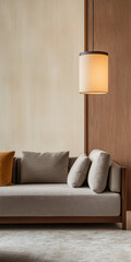 Cozy modern living room featuring a neutral couch and stylish pendant light in warm tones