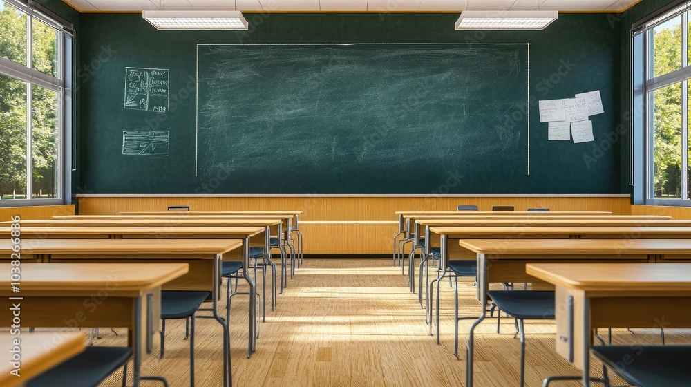 Poster bright classroom with empty desks and chalkboard
