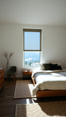 Fototapeta premium minimalist bedroom with a mountain view