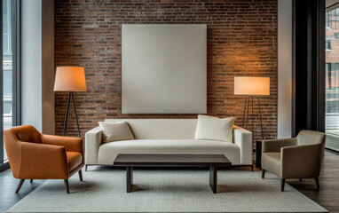 Modern living room with contemporary furniture and warm lighting in an urban setting