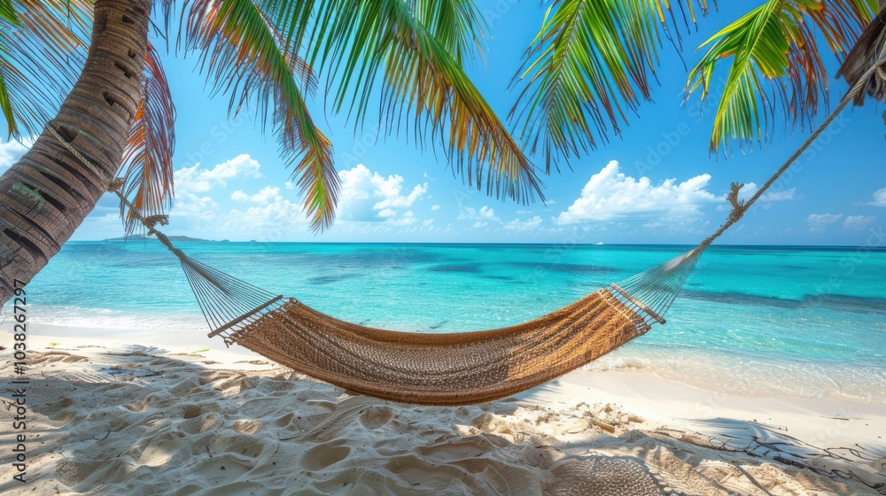 Poster a hammock strung between two palm trees on a pristine beach, with turquoise waters gently lapping at