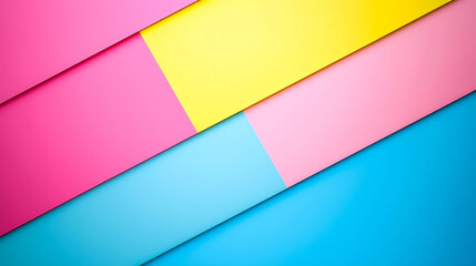 Abstract background with diagonal pink, yellow and blue paper stripes.