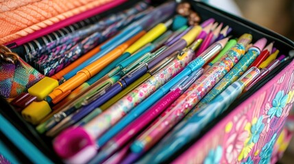 Obraz premium Colorful Stationery and Pens in a Pencil Case