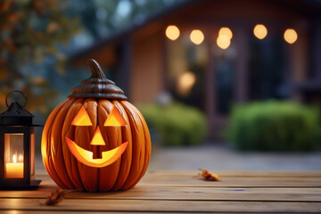 The  single glowing pumpkin lantern on a wooden porch, with a blurred background of an old, creepy house