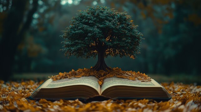 A giant tree sprouting from the center of an open book, with the pages of the book scattered around the tree like fallen leaves