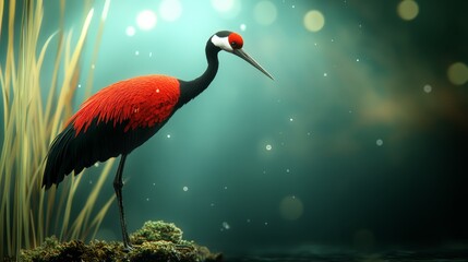 Obraz premium Red-crowned crane standing gracefully in a serene aquatic environment.