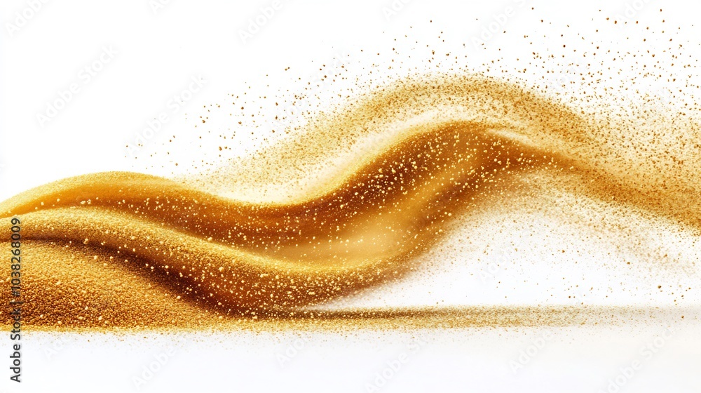 Poster dynamic explosion of golden sand isolated on a white background forming an abstract cloud wave as gr
