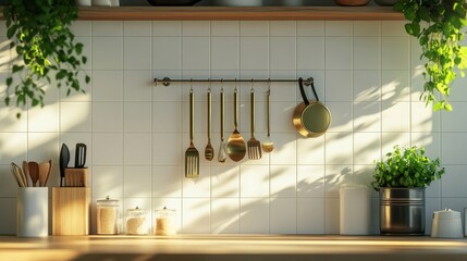 Chef accessories and brass kitchen utensils. wooden tabletop and white tiled wall in a suspended kitchen.Green plant with side view in kitchen background
