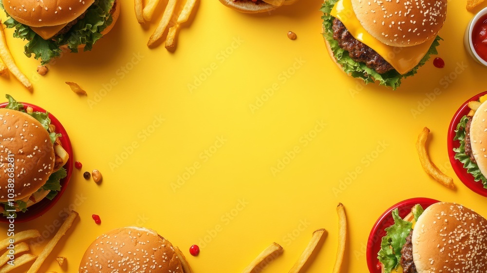 Poster brightly illustrated burgers and crispy fries surround an open space for creative text, showcasing a